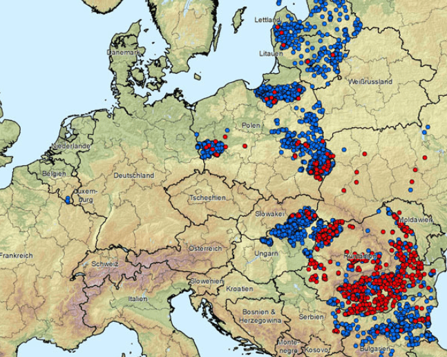een kaart van Europa met rode en blauwe stippen